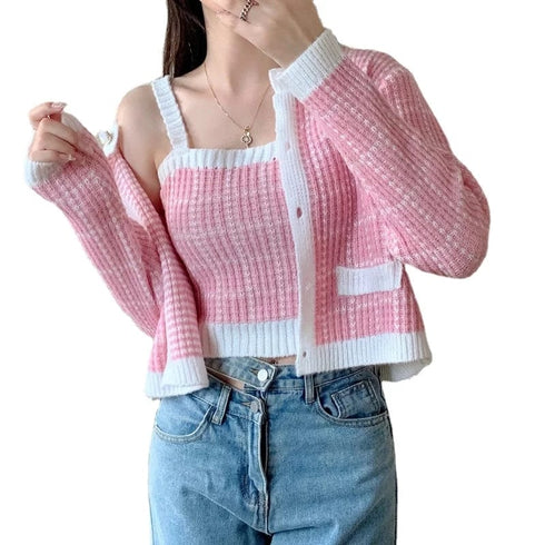 Elegant Plaid Round Neck Soft Knitted Cardigan Sweater with Tank Top Set